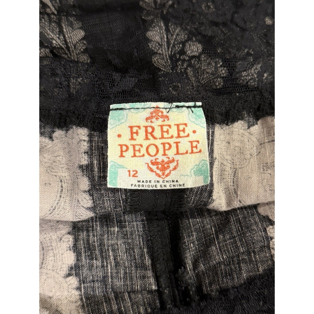 FREE People Linen Blend Black Taupe Embroidered Peacock Mini Boho Dress Sz 12 - Picture 8 of 10